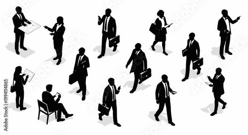isometric business people silhouettes in black interacting and working