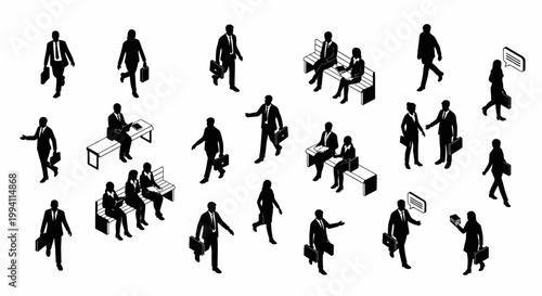 isometric silhouettes of business people in various poses business meeting and waiting