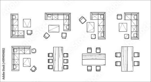 architectural furniture symbols for interior design illustrating floor plan layouts of modern living room and dining room sets.