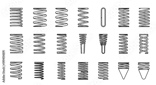 different metal spring coil types illustrated showcasing various compression and tension springs for mechanical engineering designs and industrial concepts.