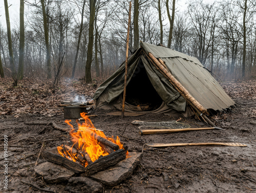rustic campsite with a canvas tent and a campfire burning in a leafless forest during late autumn or early winter.