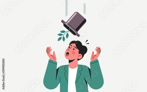 Surprised cartoon character reacting to falling tophat with leaves.