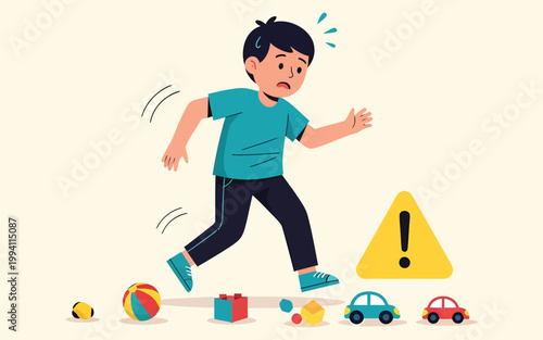 Worried boy stumbling over scattered toys.
