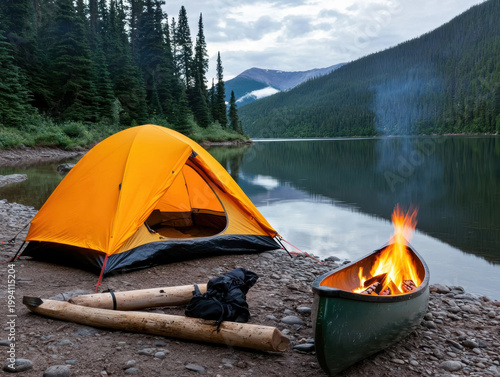 bright orange tent beside a calm lake with a green canoe holding a campfire, surrounded by pine trees and mountains under a cloudy sky.