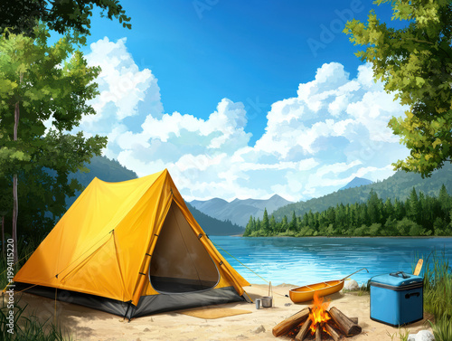 bright yellow tent is set up near a lake with a campfire, kayak, and cooler under a sunny blue sky surrounded by trees and mountains.