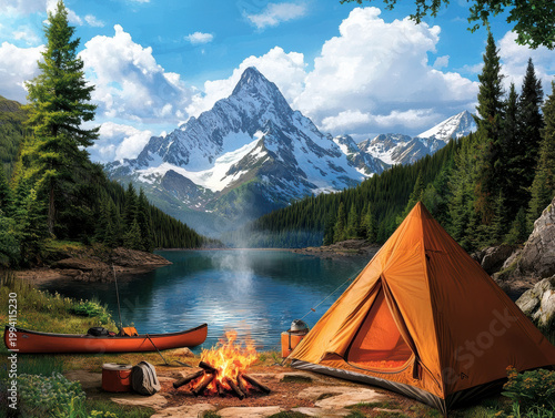 serene mountain campsite with a tent, campfire, and canoe by a calm lake surrounded by snowy peaks and pine trees under a blue sky.