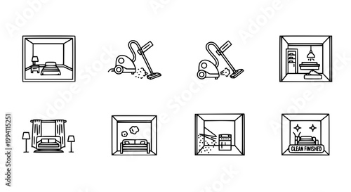 Vacuum Cleaner and Room Cleaning Icon Set with Canister Vacuum and Interior Room View in Clean Outline Style for Home Design