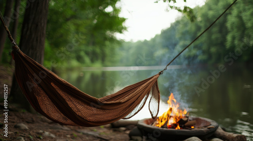  cozy hammock hangs between trees beside a riverbank, with a small campfire burning nearby, set in a tranquil forest environment.