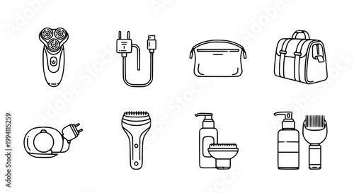 Personal Care and Grooming Accessory Icon Set with Charger Toiletry Bag Electric Shaver and Soap Dispenser in Outline Style