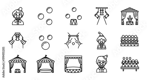 Circus and Performance Icon Set with Clown Trapeze Juggling Tent Stage and Bubbles in Clean Outline Style for Entertainment