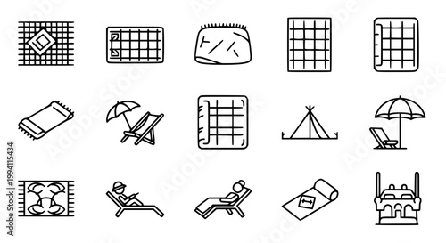 Beach and Camping Outdoor Icon Set with Mat Towel Tent Chair Umbrella and Sunbathing in Clean Outline Style for Travel