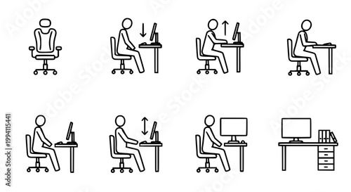 Foto Office Workstation Posture and Ergonomics Icon Set with Sitting Desk Adjustment