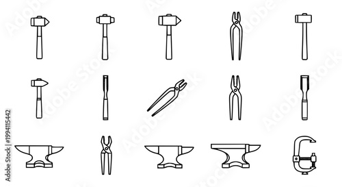 Hand Tool and Hardware Icon Set with Hammer Bolt Pliers Tongs Clamp and Anchor in Clean Outline Style for Workshop Design