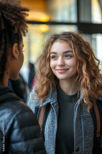 Smiling Young Woman with Curly Hair Looking Away - Portrait