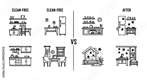 Home and Living Space Comparison Icon Set with Clean Kitchen Dining Room and Decorated House in Clean Outline Style