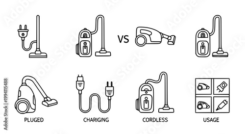 Vacuum Cleaner Type Comparison Icon Set with Upright Robotic Cordless and Plug Types in Clean Outline Style for Appliance