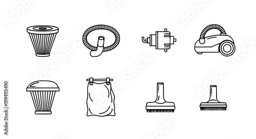 Vacuum Cleaner Attachment and Parts Icon Set with Brush Head Dust Bag Connector and Floor Brush in Clean Outline Style