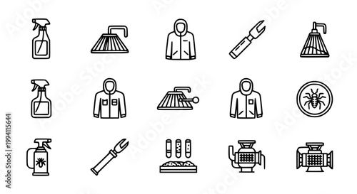 Winter Gear and Tools Icon Set with Jacket Snow Plow Chain Battery and Engine in Clean Outline Style