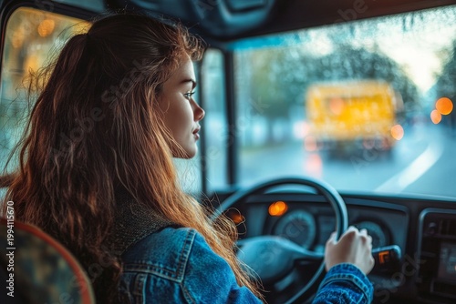 Young Woman Driving a Vintage Car at Dusk - Road Trip Adventure