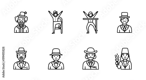 Western Cowboy Character Icon Set with Hat and Poses in Outline Style for Wild West Design
