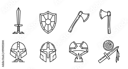 Medieval Warrior Icon Set with Shield Axe Knight Helmet and Armor in Outline Style for Game Design