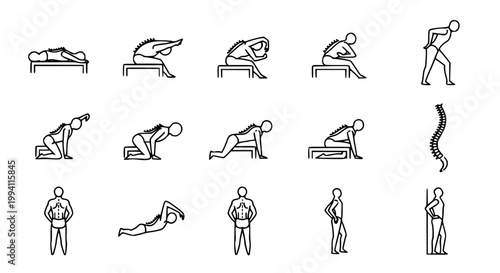 Gym Workout and Exercise Pose Icon Set with Stretching Crawling Bench and Fitness Routine Outline Vector Illustration for Sport Design