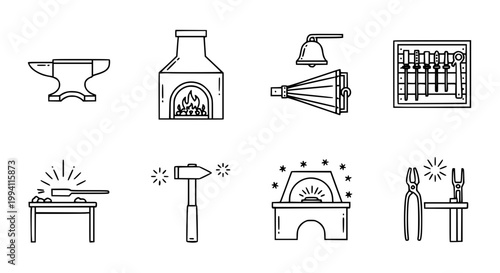 Blacksmith and Forge Equipment Icon Set with Furnace Hammer Bell and Kiln Outline Vector Illustration for Industrial Design