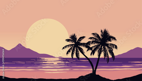 Tropical Beach Sunset Illustration – Palm Tree Silhouette with Ocean Reflection, Mountain and Sun in Purple Tone for Summer Travel Design, Coastal Art
