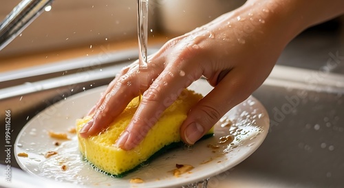 Person washing a dirty plate with a sponge under running water in a kitchen sink