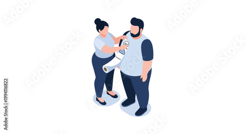 Isometric illustration of a woman measuring a mans waistline for health.