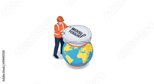 Isometric Illustration of a Worker Placing Yogurt on the World.