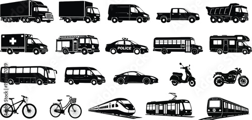 Set of Black Car and Vehicle Silhouette Icons
Collection of various car silhouettes in different styles and shapes on transparent background for design and transportation
