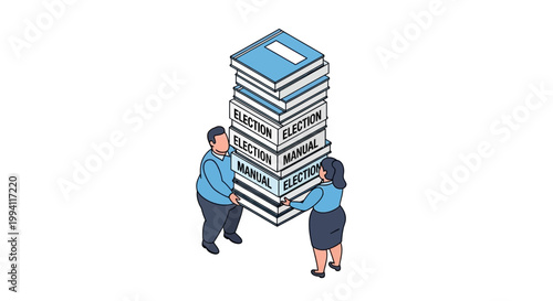 Isometric Illustration of People and Stacked Election Manuals.