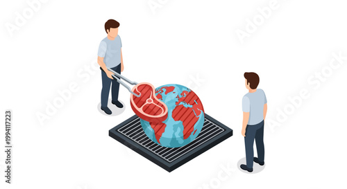 Isometric illustration of people and a world globe on a sewer grate.