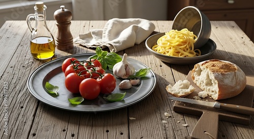 Rustic Italian cooking ingredients with fresh tomatoes pasta garlic and olive oil