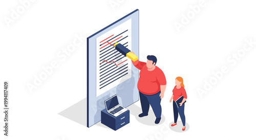 Isometric illustration of people editing a document on a giant screen.