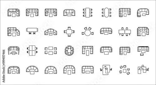 vector set of top view architectural furniture symbols for interior design floor plans