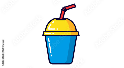 Blue and yellow cup with red straw for drinking.