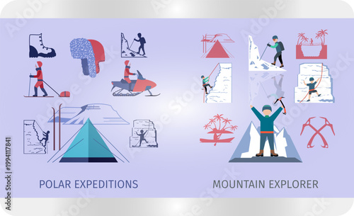 Vibrant illustration of polar expeditions and mountain explorer icons on purple background with various adventure activities and equipment