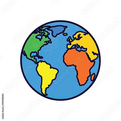 Colorful cartoon globe icon showing continents on a blue background.