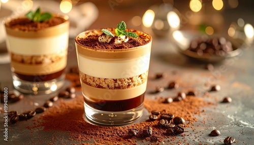 Coffee Delight Dessert: Close-up shot of delectable tiramisu-inspired coffee dessert, a treat crafted with layered flavors, coffee, and cocoa sprinkled, promising a moment of pure bliss.