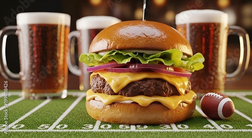 Delicious Cheeseburger with Beer Mugs and American Football on Turf.