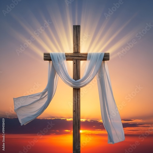 Christian Cross with White Cloth against a Dramatic Sunrise.
