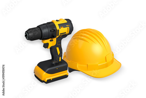 Cordless drill and safety helmet isolated on white background with clipping path. Concept of construction, safety, and power tools
