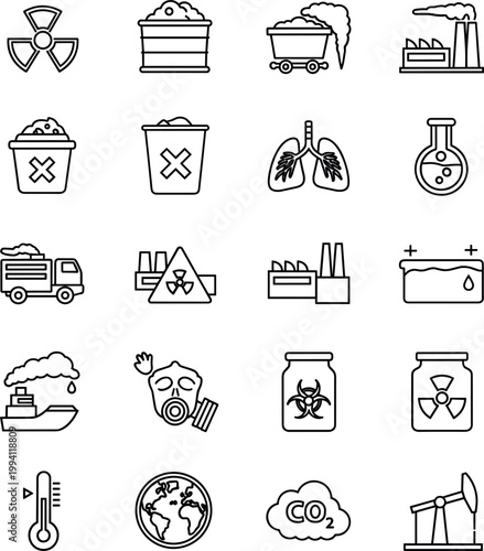 Toxic Waste and Environmental Pollution Line Icons Set with Radiation, Factory, Chemical Hazard and Ecology Vector Collection