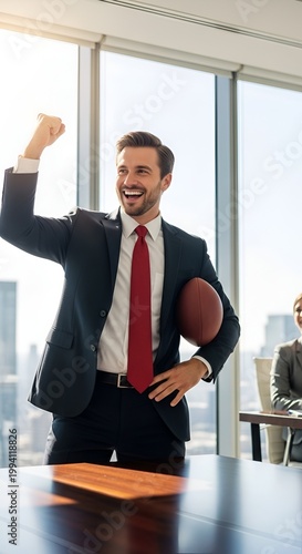 Excited Businessman Celebrating Success Holding American Football in Office.