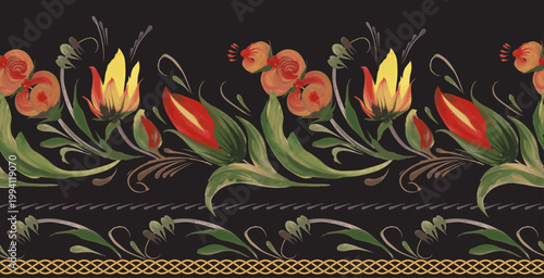 Vector floral seamless border pattern from hand painted red flowers, leaves and golden frieze on a black background. 1 pattern brush in the brush palette