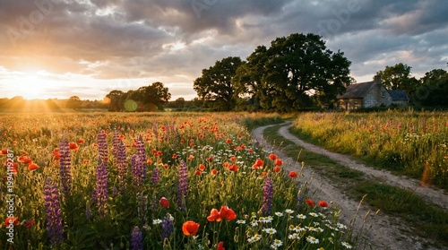 A picturesque dirt path winds through a vibrant wildflower meadow at sunset, with trees and a distant building under a dramatic sky.