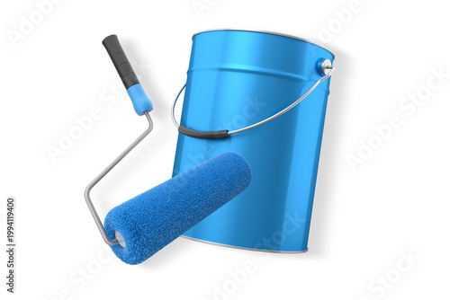 Foam paint roller with handle and shiny metal bucket, isolated on white background with clipping path, concept of painting tools