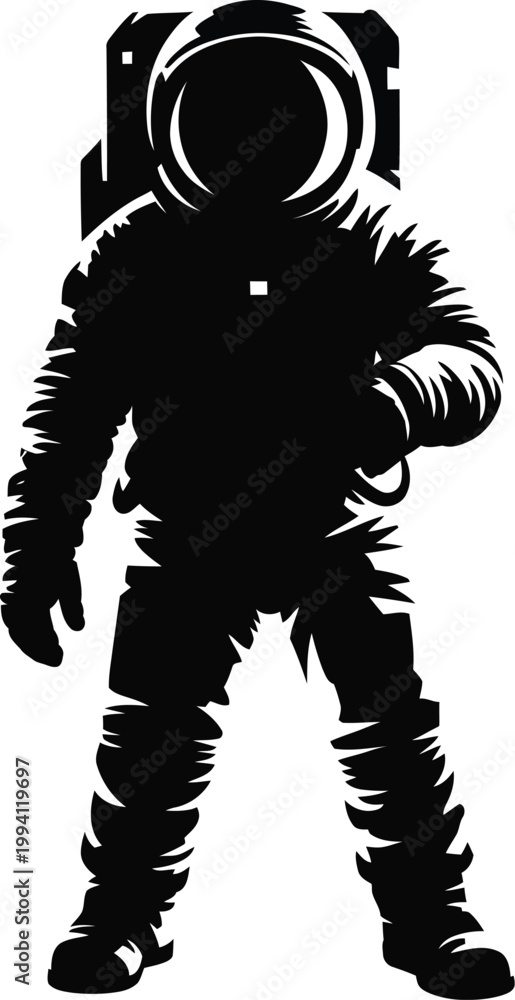 Fototapeta premium Astronaut space suit silhouette with helmet visor, high-contrast stenciled astronaut figure, EVA astronaut pose and explored outer space mood for